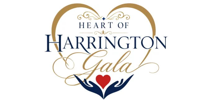 Logo with the text “Heart of Harrington Gala,” a gold heart, decorative swirls, and two hands holding a red heart at the bottom.