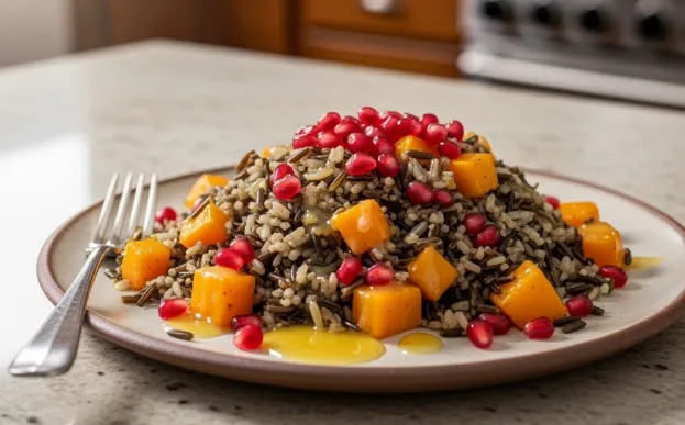 wild rice, butternut squash, and pomegranate seeds on a ceramic plate on a kitchen counter