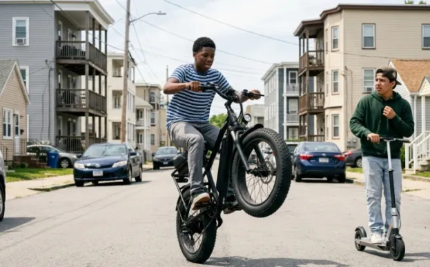 teen on e-bike without helmet popping wheelies needing a lesson about e-bike safety
