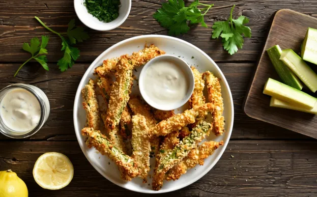 plate of zucchini fries with sauce on the side