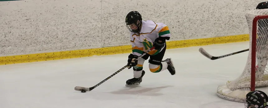 young boy playing hockey, skating with the hockey puck