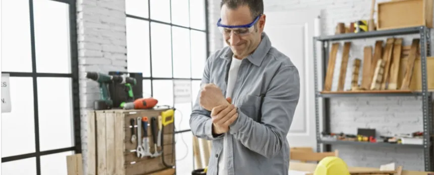Main holding wrist in pain in workshop needing urgent care