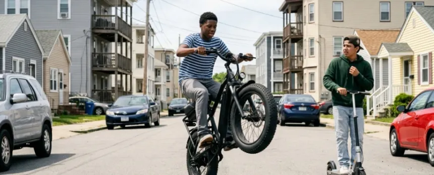 teen on e-bike without helmet popping wheelies needing a lesson about e-bike safety
