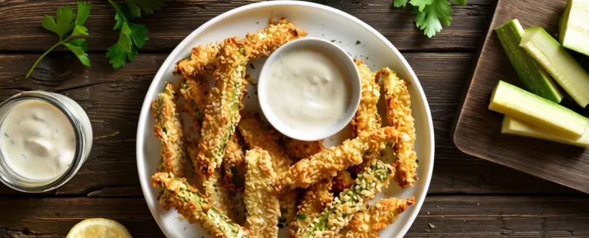 plate of zucchini fries with sauce on the side