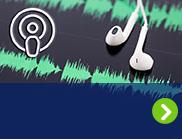 Earbud headphones are sitting on graphic sound waves for the podcast: Advances in Colorectal Surgery.