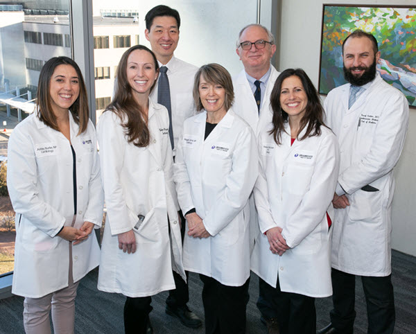 Photo of the Heart Failure Team: Pictured from left: (back row) Jeff Shih, MD, Theo Meyer, MD, Youssef Rahban MD; (front row) Ashley Burke, NP, Kelley Prokop, NP, Maggie Cabral, NP, Rebecca Takis-Smith, PA