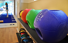 Weights are shown in a fitness center.