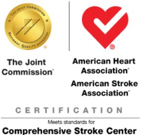 Logos for The Joint Commission and the American Heart Association/American Stroke Association Certification for the Comprehensive Stroke Center.
