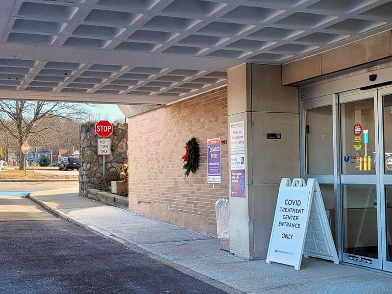 The Brittan Lane entrance of the UMass Memorial Medical Center Hahnemann Campus is shown.